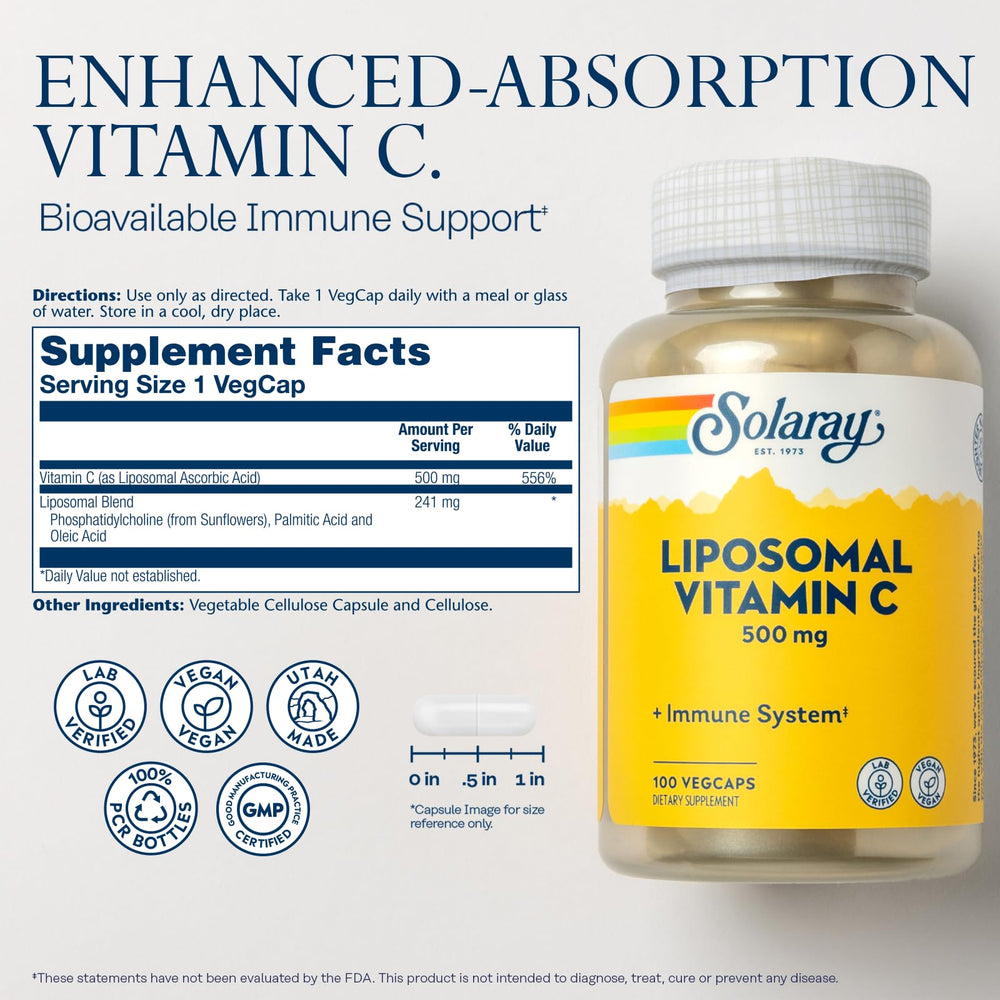 Close-up of the SOLARAY Liposomal Vitamin C 500mg label