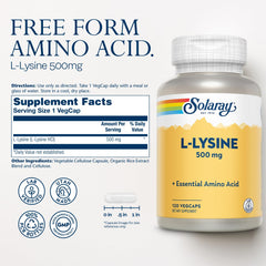 Close-up of SOLARAY L Lysine 500 mg capsule bottle