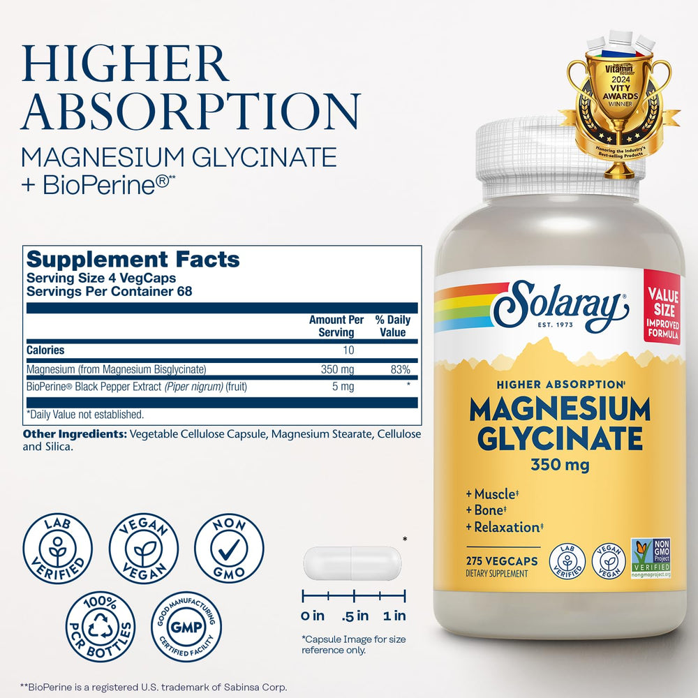 SOLARAY Magnesium Glycinate capsules on clear background, known for gentle digestion and absorption.