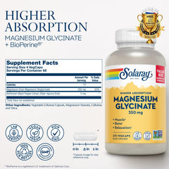 SOLARAY Magnesium Glycinate capsules on clear background, known for gentle digestion and absorption.