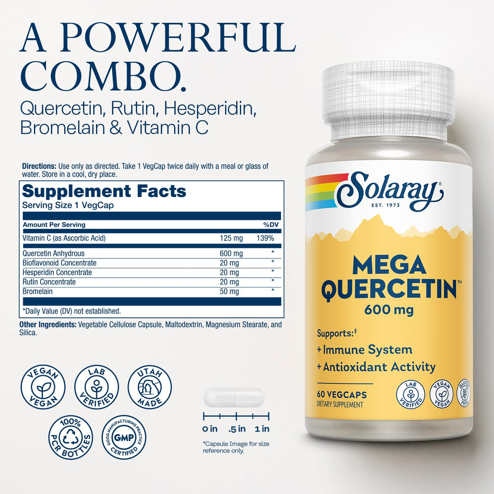 Close-up of quercetin, bromelain, vitamin C and bioflavonoids ingredients label