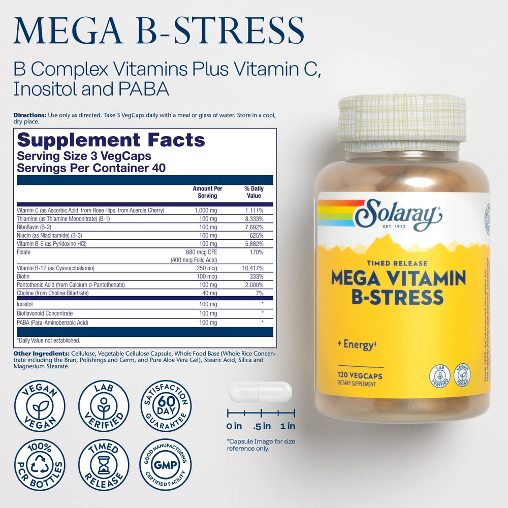 Close-up of SOLARAY Mega Vitamin B-Stress label details