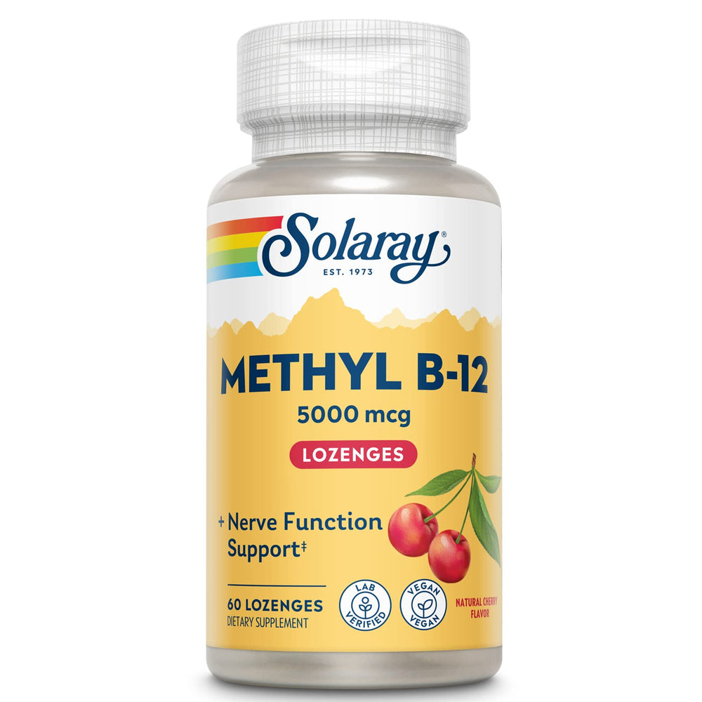 Solaray Methyl B12 Cherry lozenge bottle-plastic 5000mcg 60ct - front view