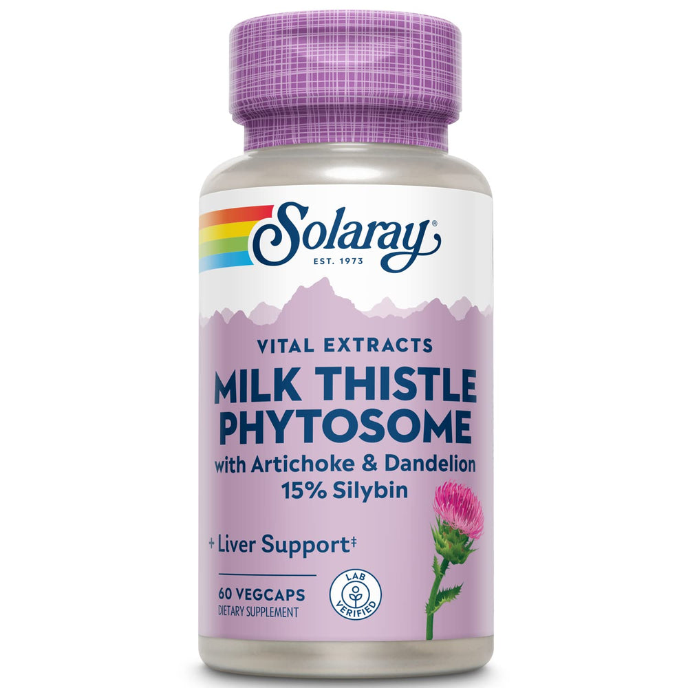 SOLARAY Milk Thistle Phytosome with Artichoke, Dandelion and Ginger bottle and capsules