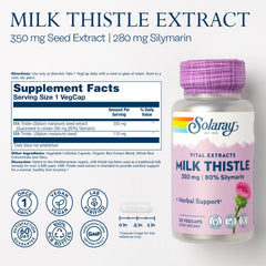 Close-up of milk thistle seed extract label showing 350 mg and 80% silymarin