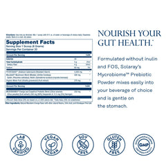 Label showing ingredients for SOLARAY Mycrobiome Prebiotic Powder