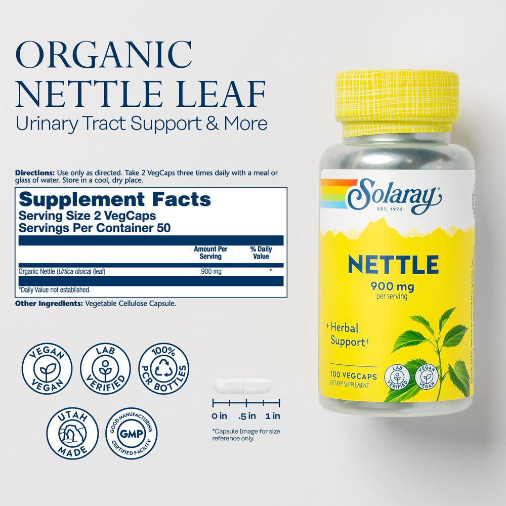 Nettle leaf vegan capsules next to bottle