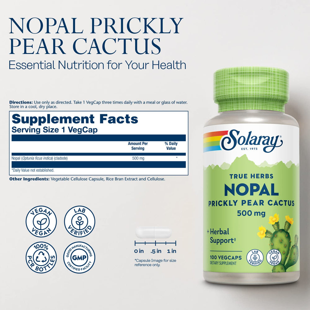 Solaray Nopal Prickly Pear 500 mg bottle label with supplement facts