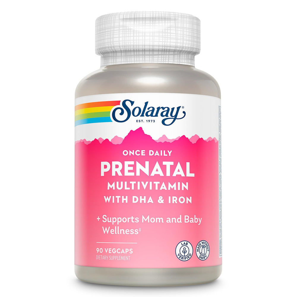 Front view of Solaray Once Daily Prenatal Multivitamin bottle with DHA & Iron