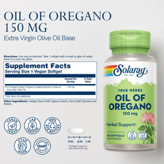 Close-up of oregano oil softgels ingredients label