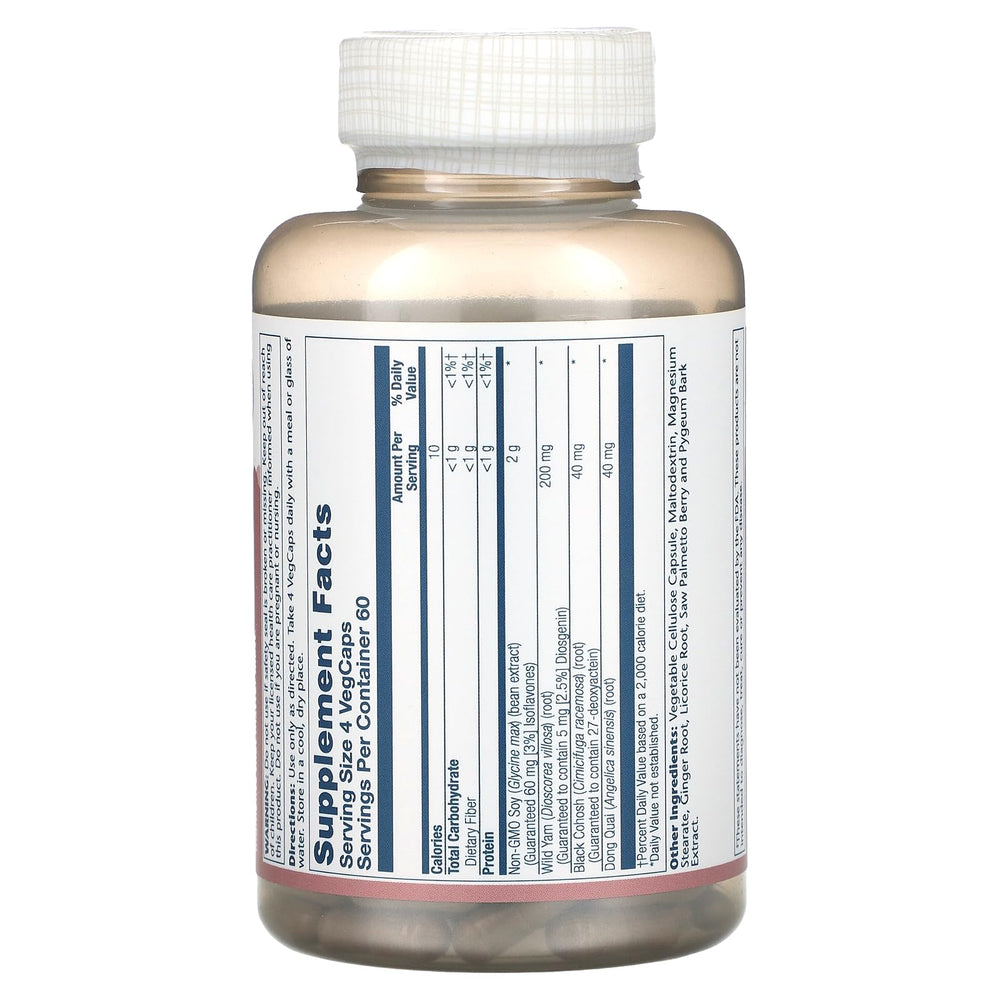 Ingredients include Mexican yam, black cohosh, soy, and dong quai