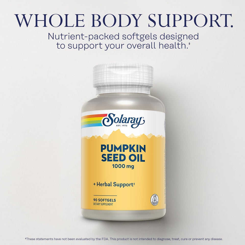 Omega-6, omega-9 and plant sterol ingredients in Solaray Pumpkin Seed Oil.