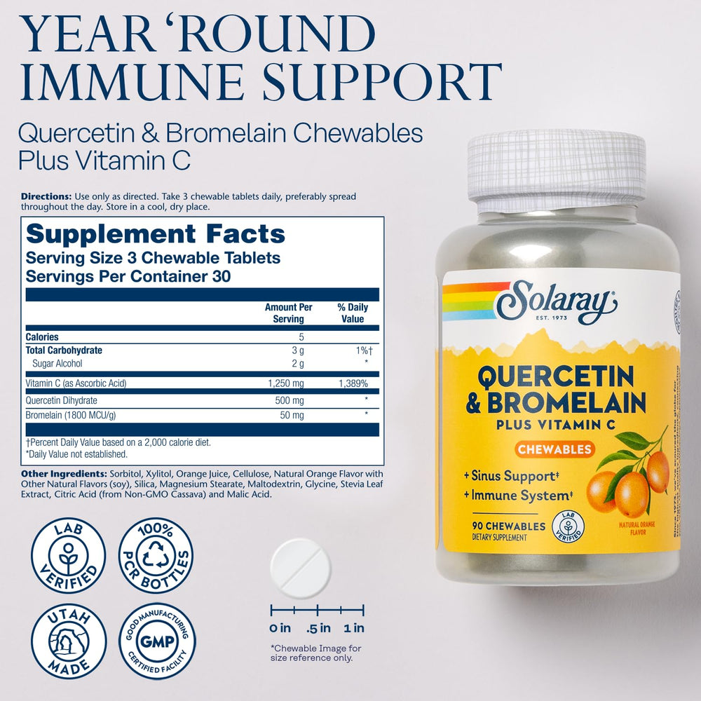 Orange-flavored quercetin–bromelain–vitamin C chewables close-up