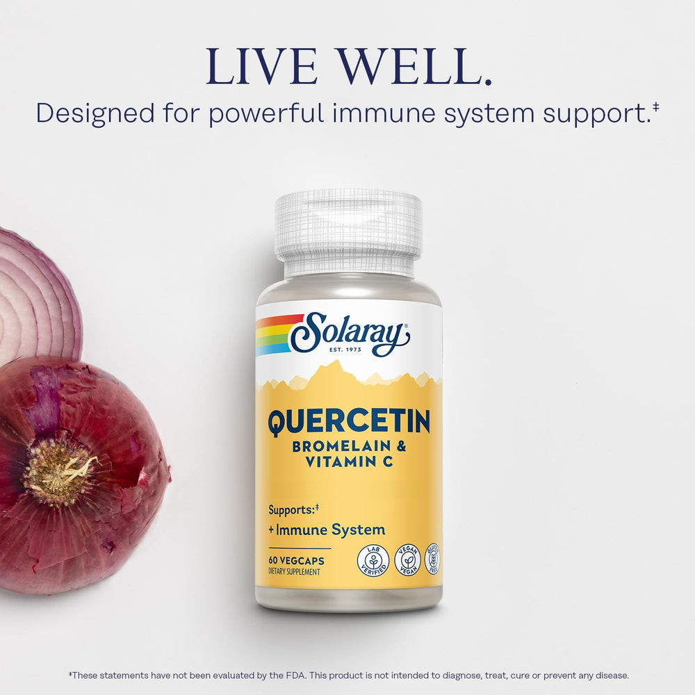 Graphic highlighting quercetin 500 mg, bromelain 50 mg, and vitamin C 1235 mg