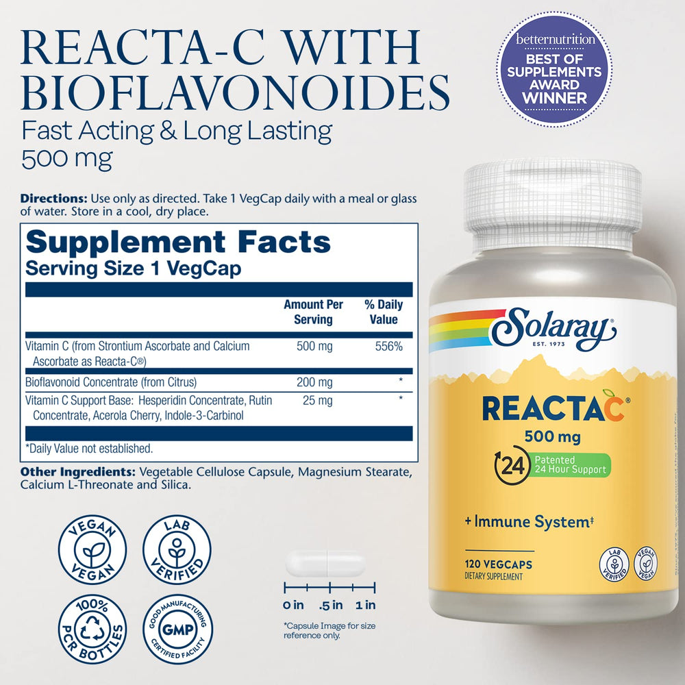 Close-up of Reacta-C label highlighting 500mg Vitamin C and bioflavonoids