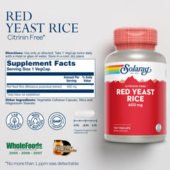 Close-up of Solaray Red Yeast Rice 600mg label