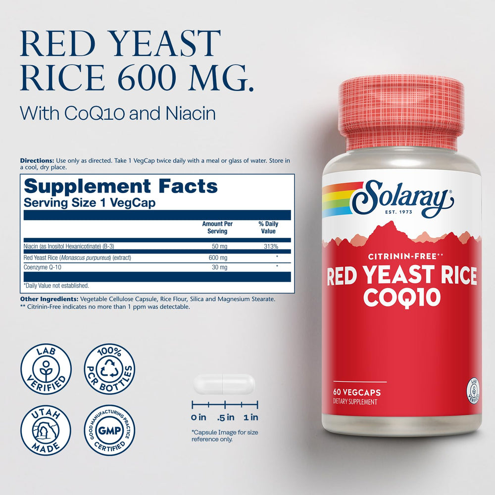 Close-up of Solaray Red Yeast Rice Plus CoQ-10 No-Flush Niacin bottle