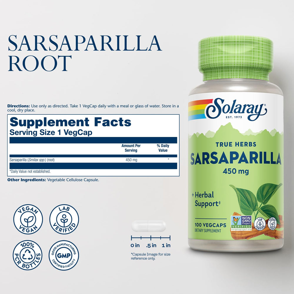 Close-up of SOLARAY Sarsaparilla Root 450 mg VegCaps