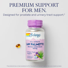 Label showing 160 mg saw palmetto per softgel and 136 mg 85% fatty acids/sterols
