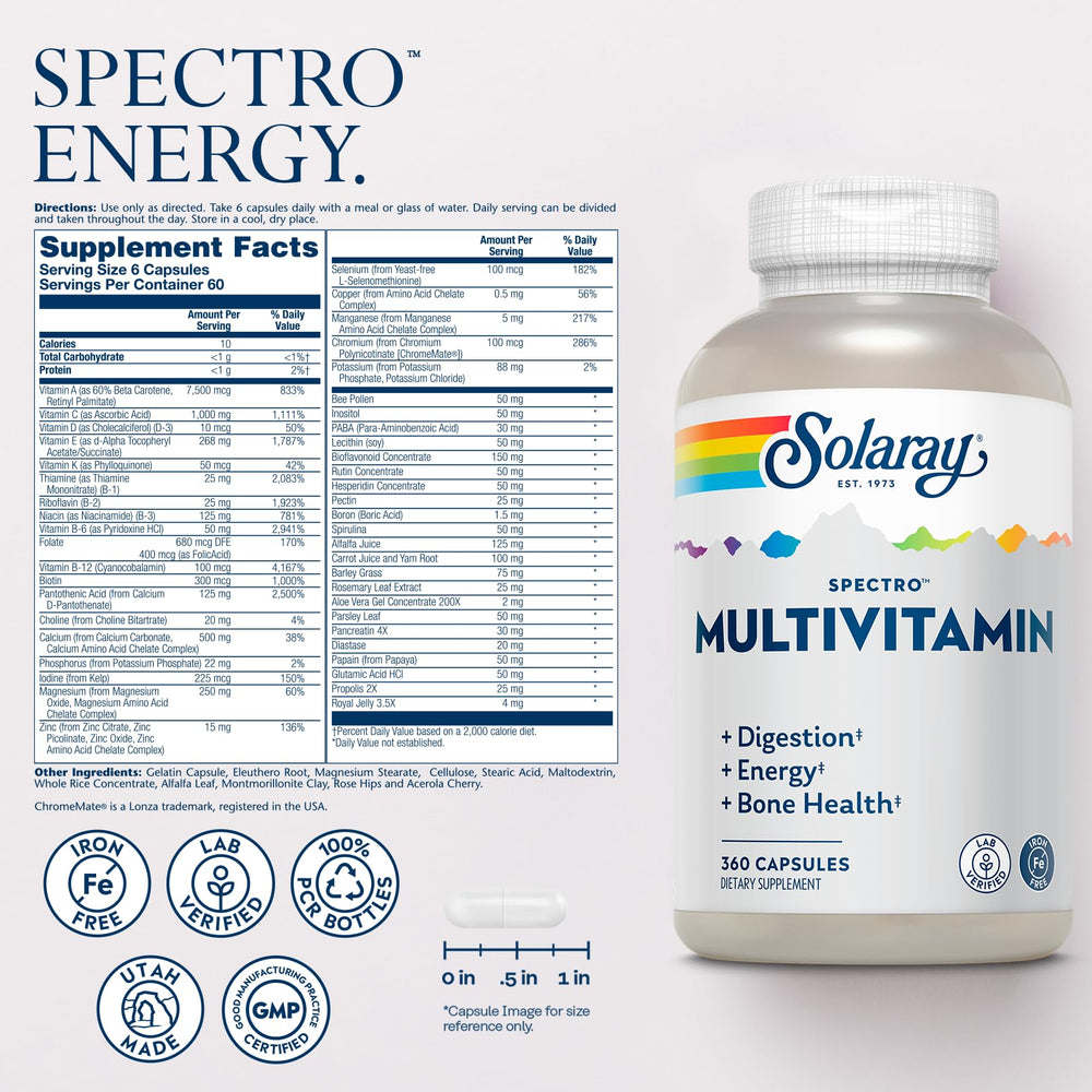 Close-up of SOLARAY Spectro Multivitamin Iron Free label showing 60 servings