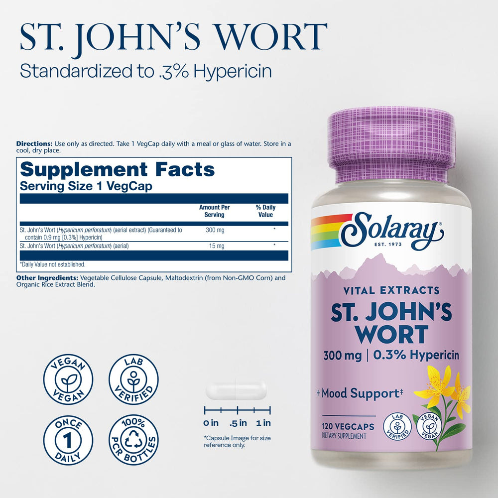 Capsule close-up showing 300 mg extract and 0.3% hypericin