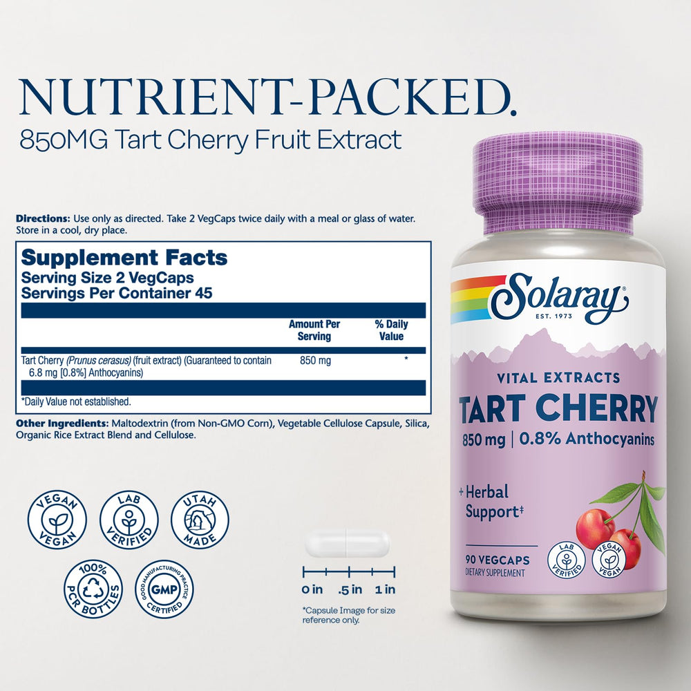 Close-up of Tart Cherry Capsules bottle and label