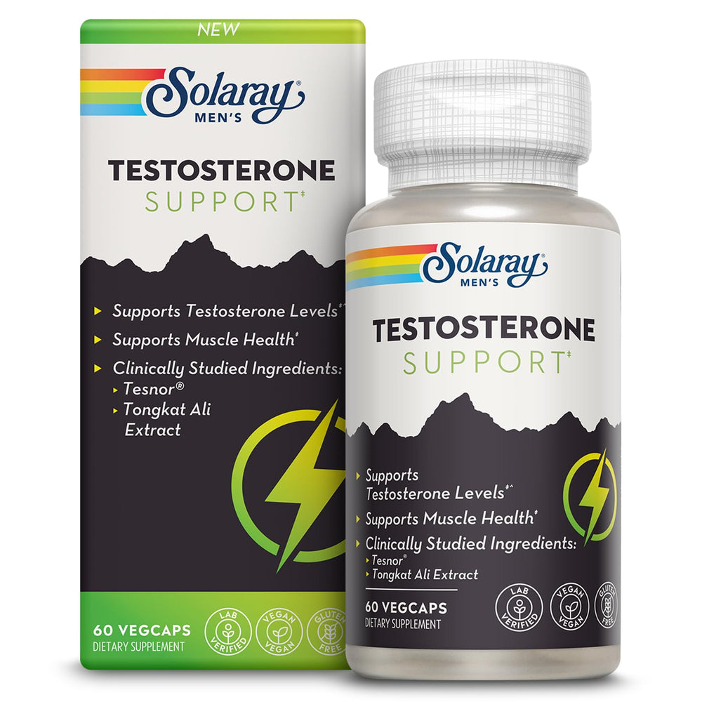 SOLARAY Testosterone Support bottle closeup showing the premium formula for daily energy.