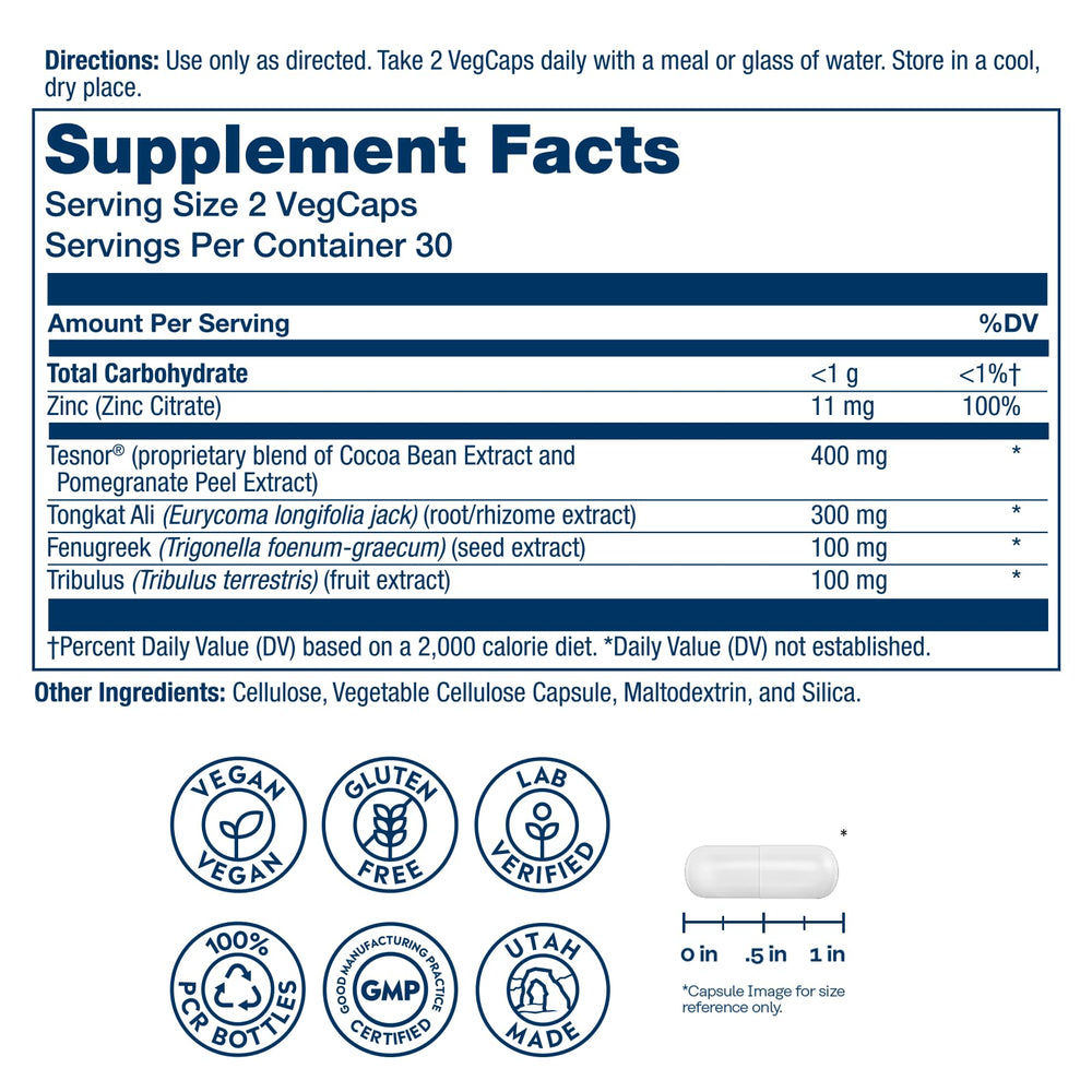 SOLARAY Testosterone Support bottle label detailing Tesnor, zinc and key ingredients.