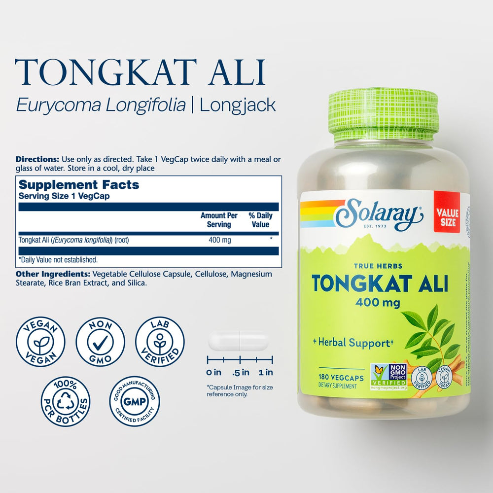 Close-up of Tongkat Ali 400 mg whole root capsules