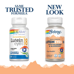 Close-up of SOLARAY Lutein Eyes bottle showing 18 mg formulation