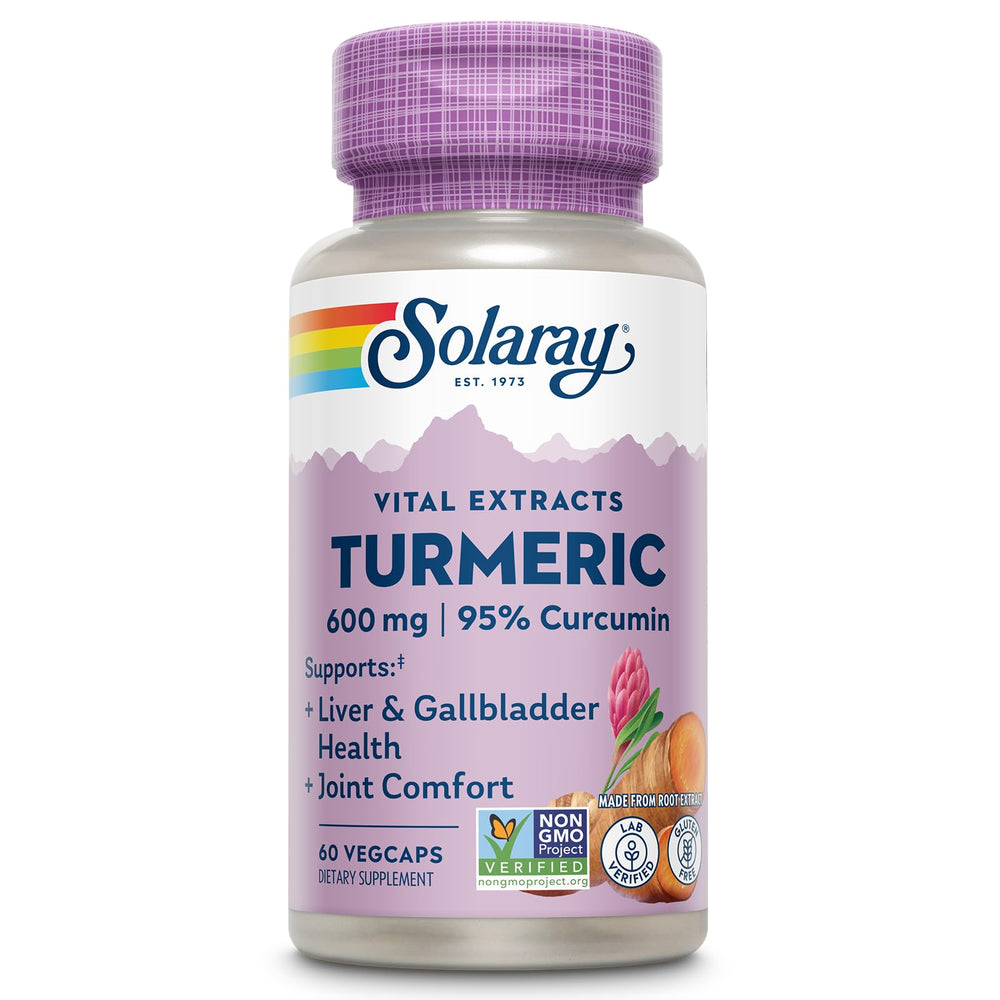 SOLARAY Turmeric 600mg bottle label highlights 95% curcuminoids