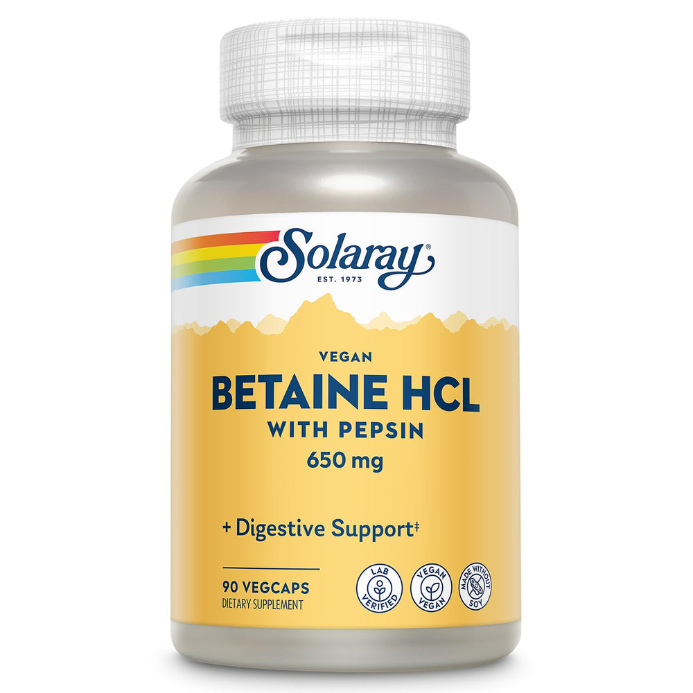 SOLARAY Vegan Betaine HCl with Pepsin bottle and label