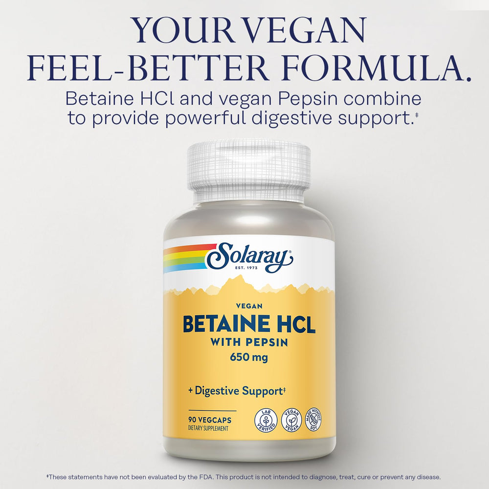 Label highlights 650 mg betaine HCl and 100 mg vegan pepsin