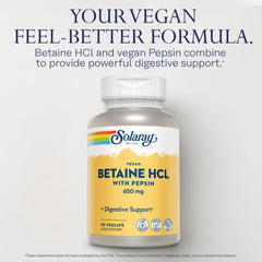 Label highlights 650 mg betaine HCl and 100 mg vegan pepsin