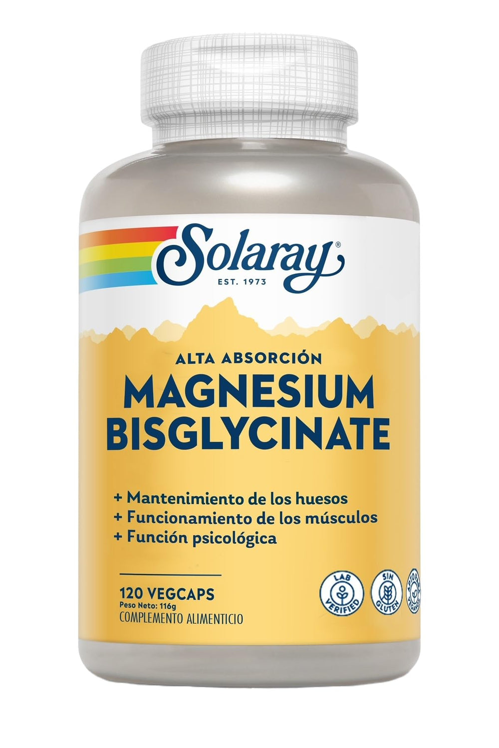 SOLARAY vegan, non-GMO magnesium glycinate label on bottle.