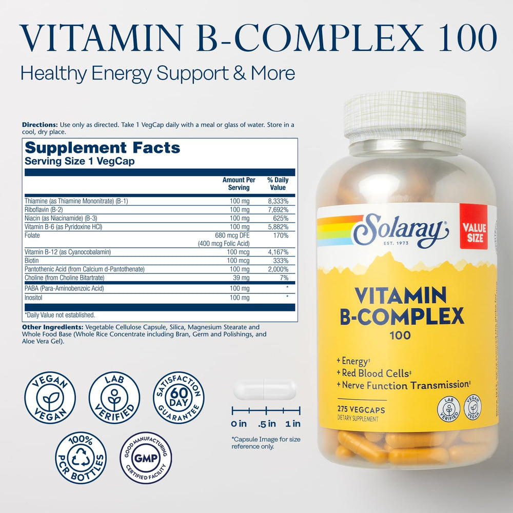Close-up of Solaray Vitamin B Complex 100 mg label