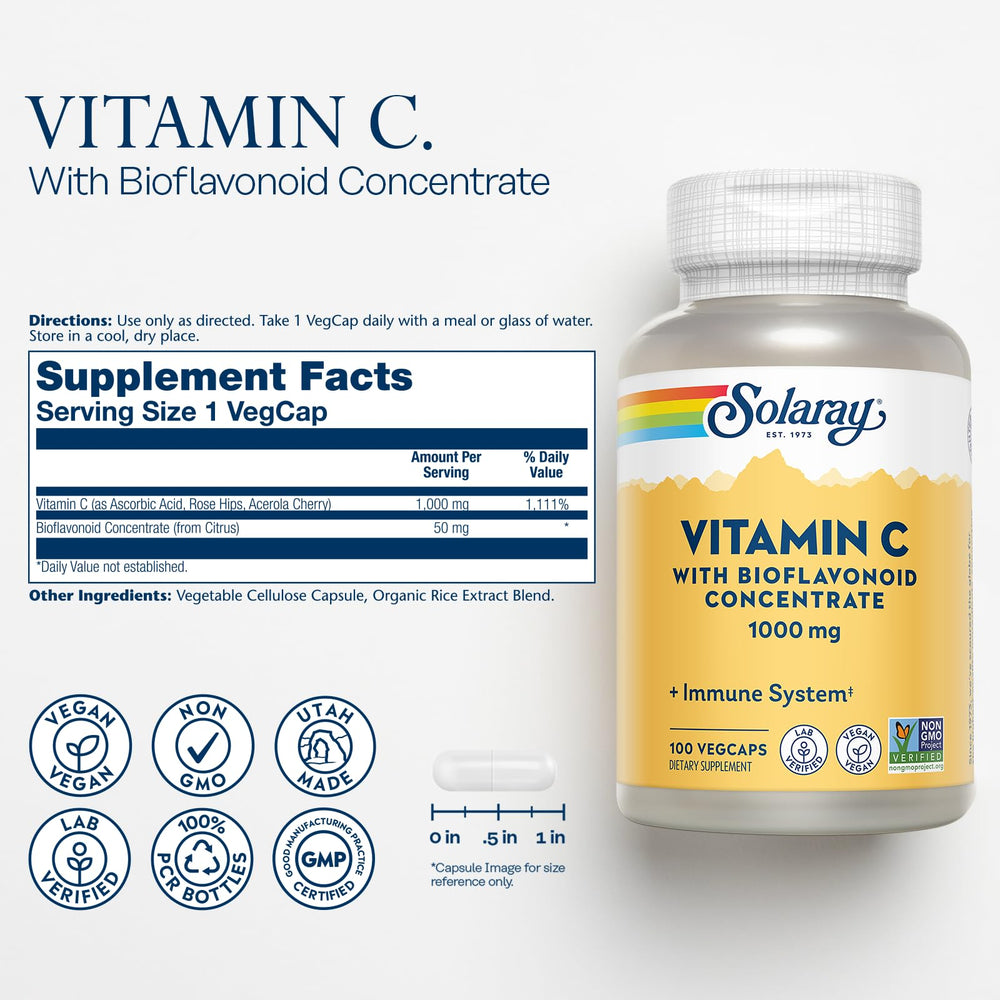 Close-up of Solaray Vitamin C label showing 1000mg and bioflavonoids