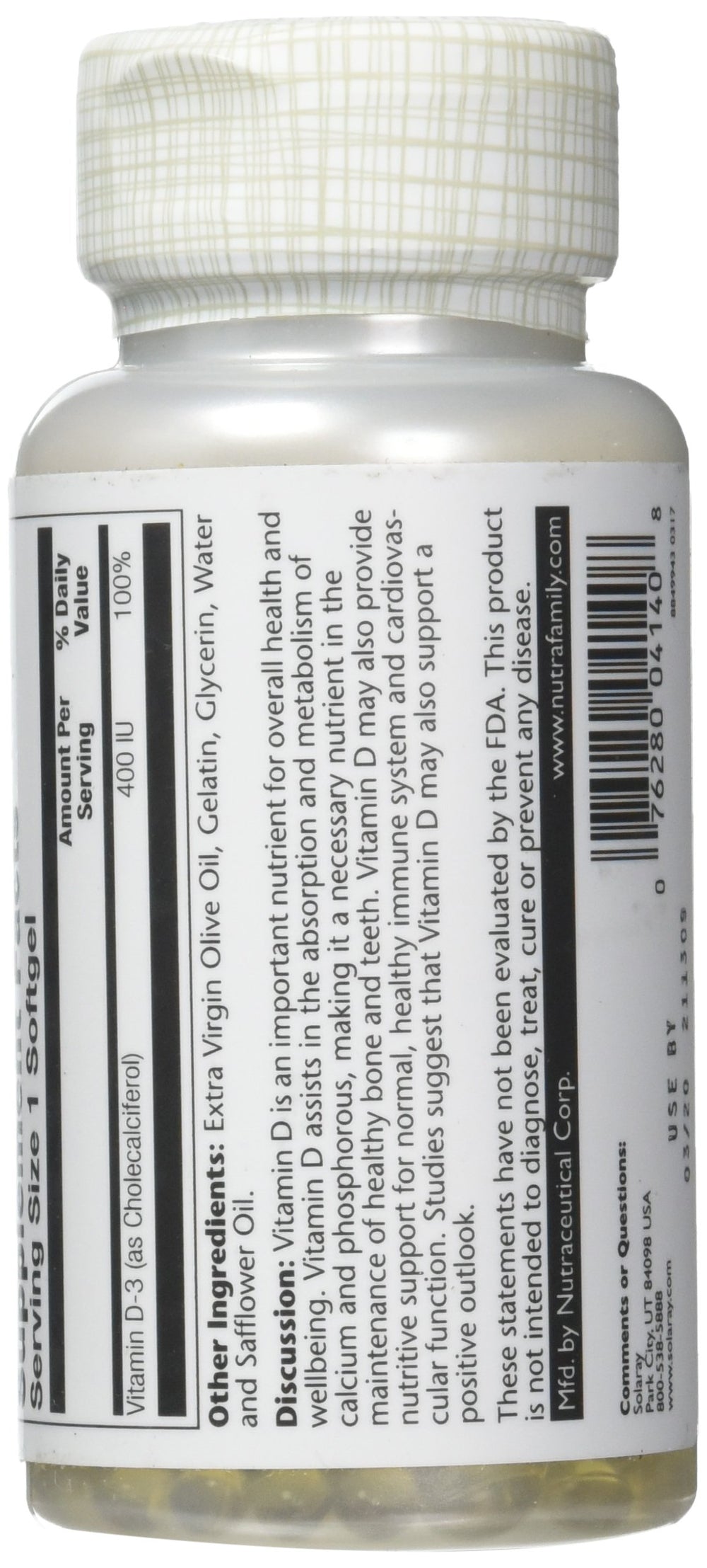 Close-up of SOLARAY Vitamin D-3 400 IU Softgels bottle label