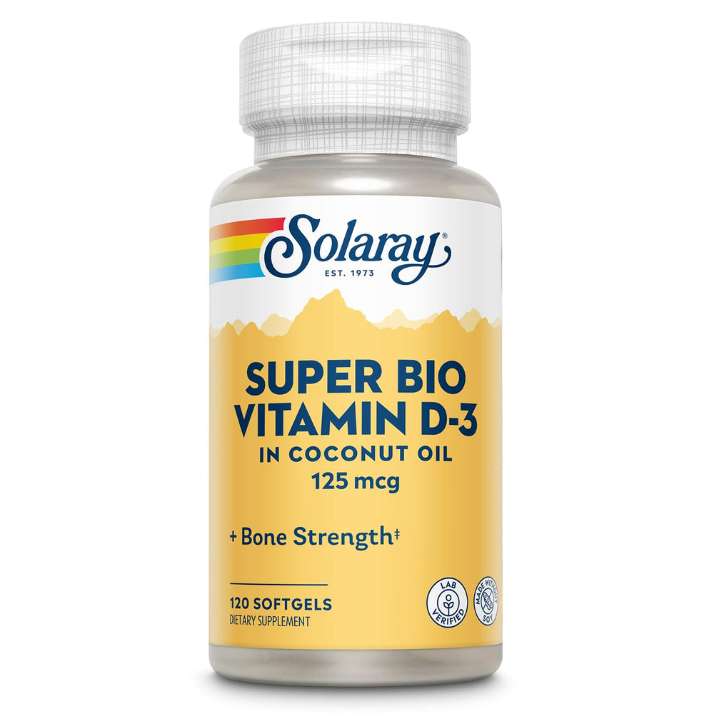 SOLARAY Vitamin D3 5000 IU softgels in coconut oil bottle