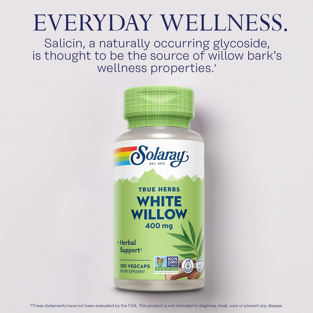 Close-up of White Willow Bark per serving (400 mg) capsules