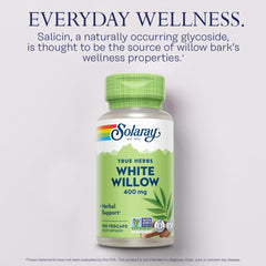 Close-up of White Willow Bark per serving (400 mg) capsules