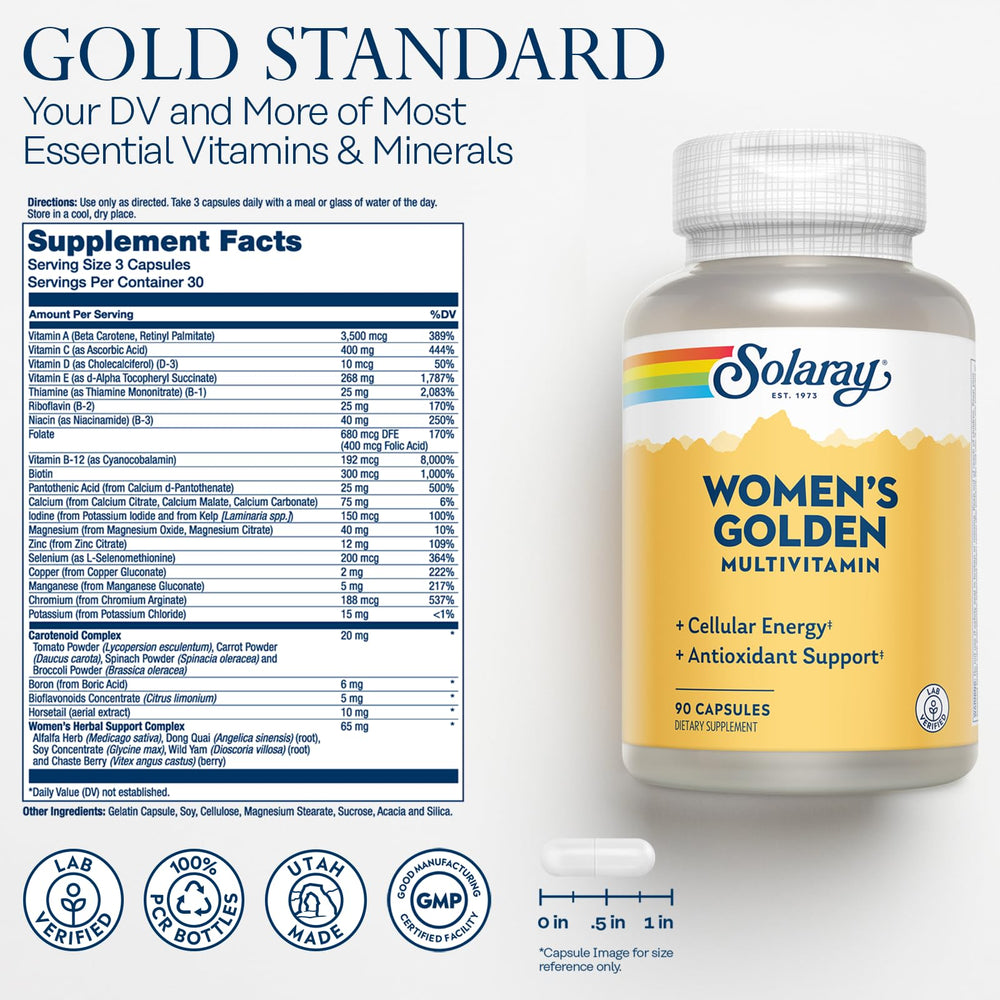 Close-up of SOLARAY Golden Multi-Vita-min label with vitamins