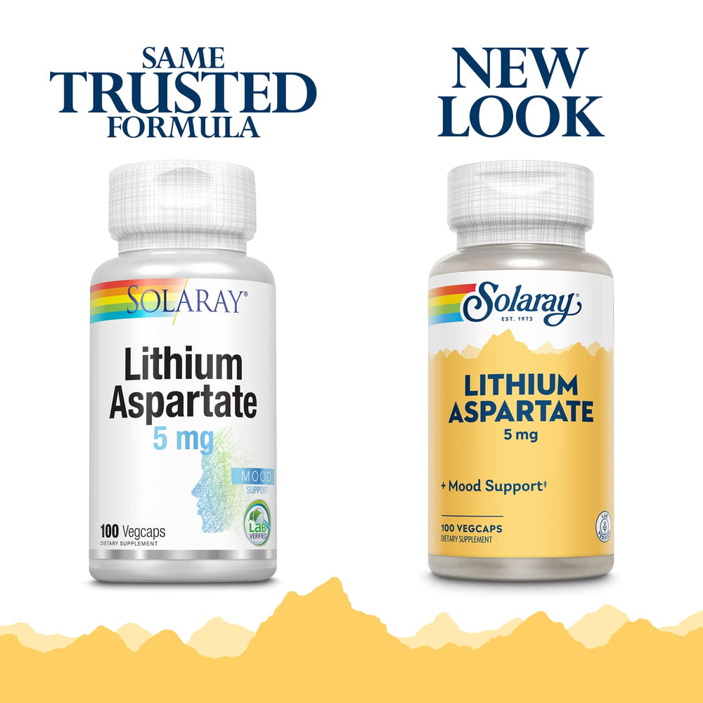Close-up of Solaray Lithium Aspartate 5 mg label on bottle