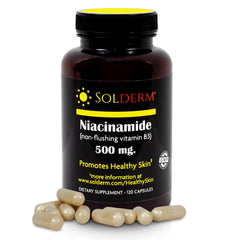 Front view of SOLDERM Niacinamide 500mg bottle with label