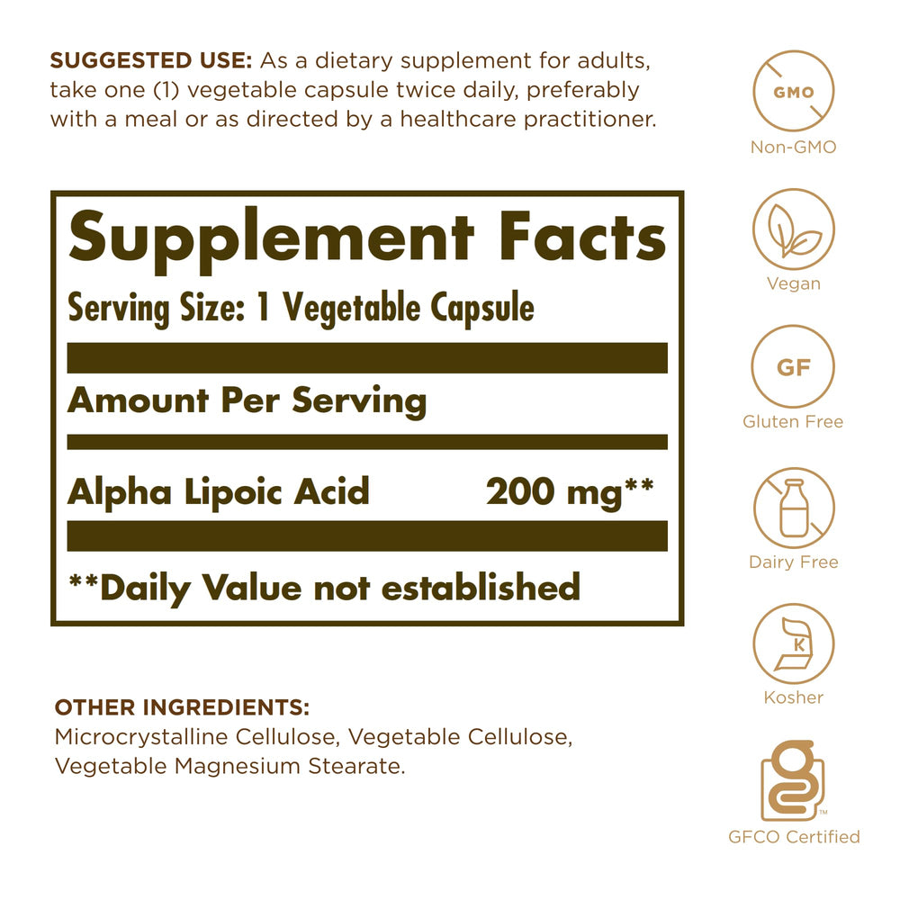 Solgar Alpha Lipoic Acid 200 mg 50 Vcaps 3-Pack bottle back label