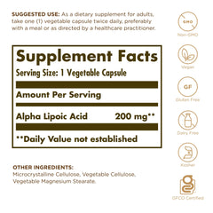 Solgar Alpha Lipoic Acid 200 mg 50 Vcaps 3-Pack bottle back label