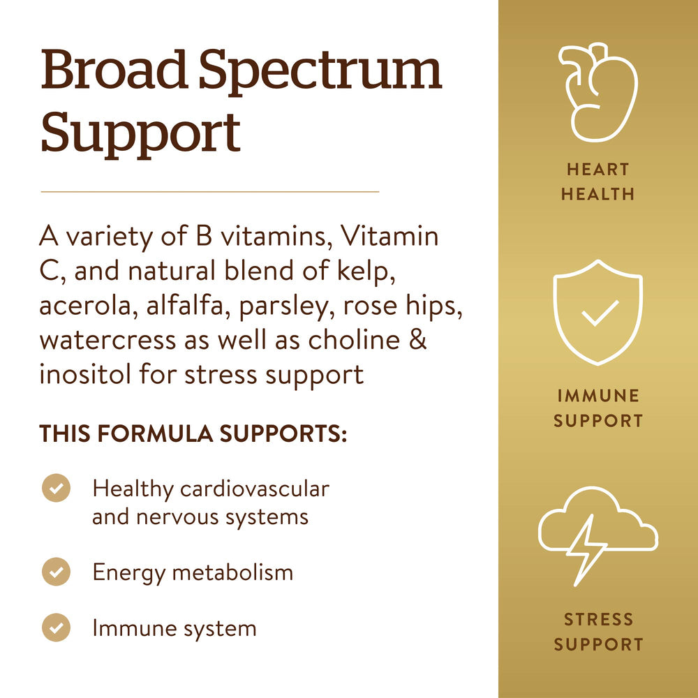 Nutrition facts panel for Solgar B-Complex with Vitamin C Stress Formula