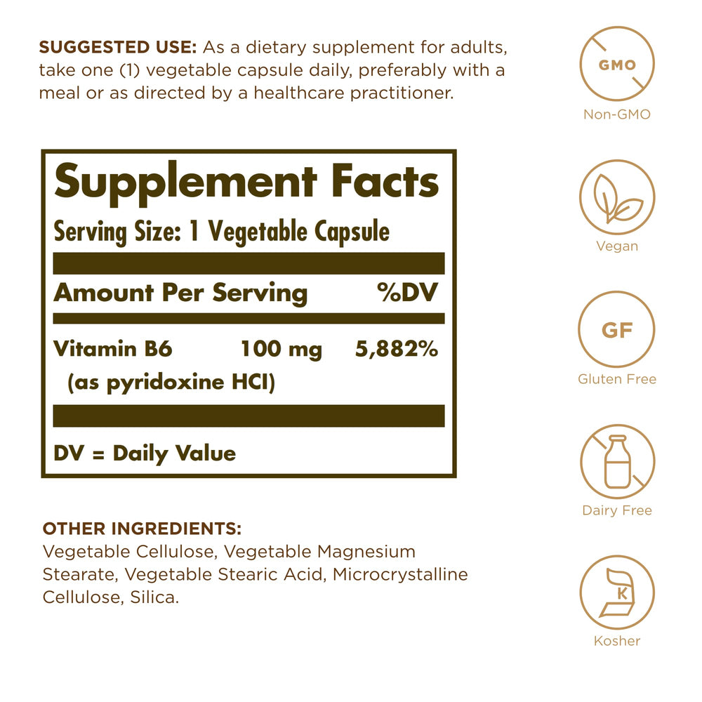 Close-up of Solgar Vitamin B6 100 mg label