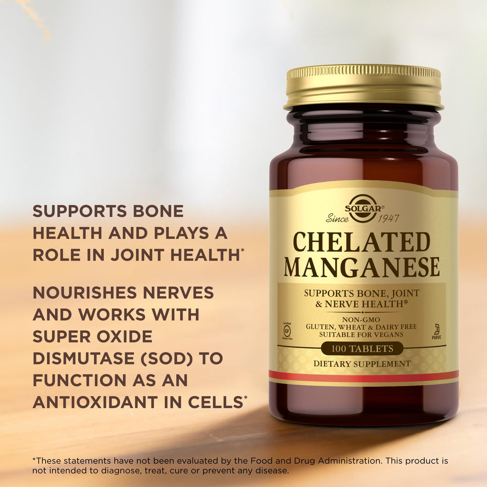 Solgar Chelated Manganese product with Non-GMO, Vegan, Gluten Free icons