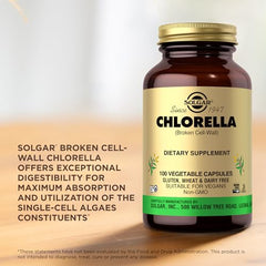 Bottle of Solgar Chlorella emphasizing 100 servings per container